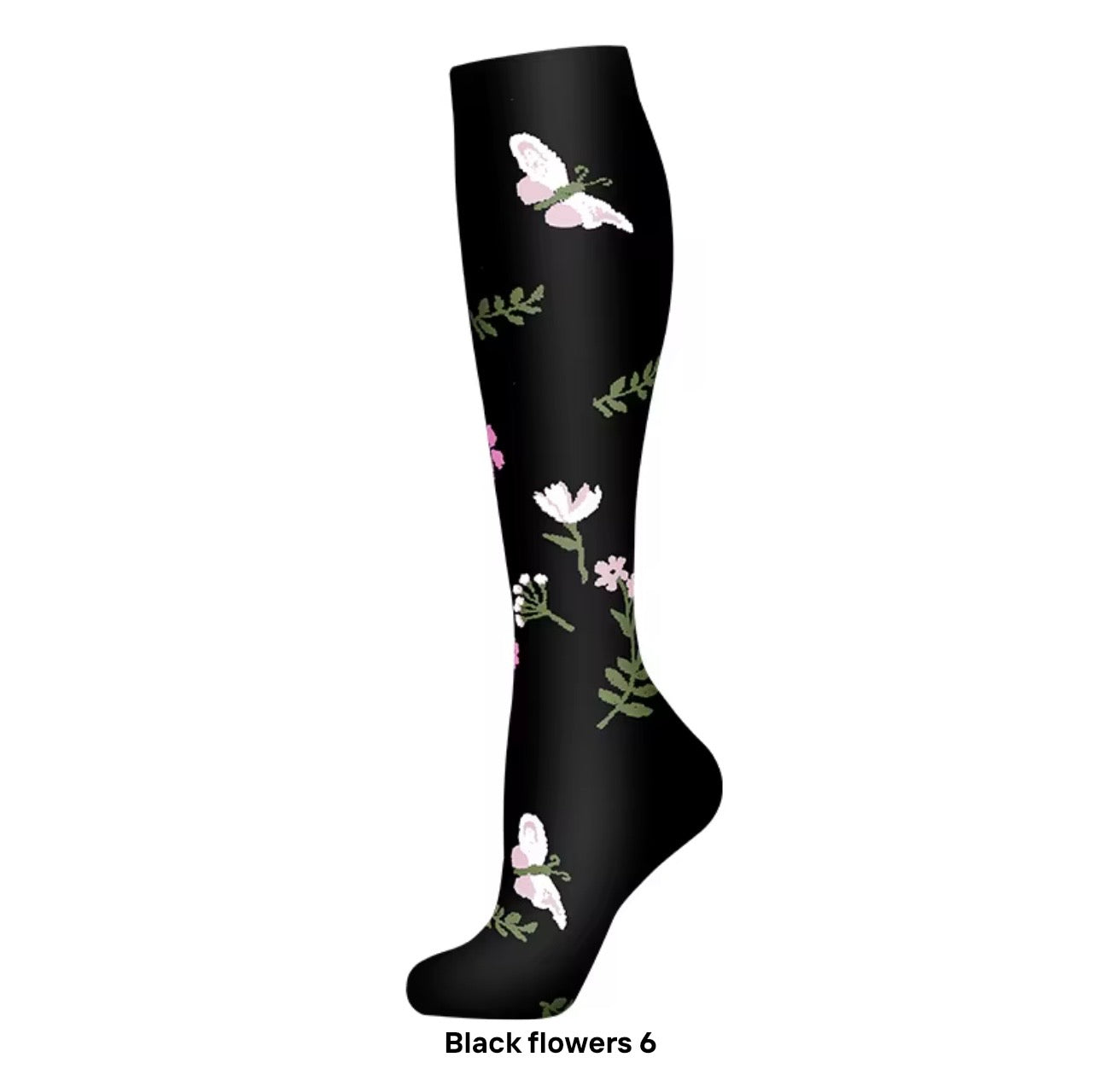 Black knee-high sock with floral and butterfly design