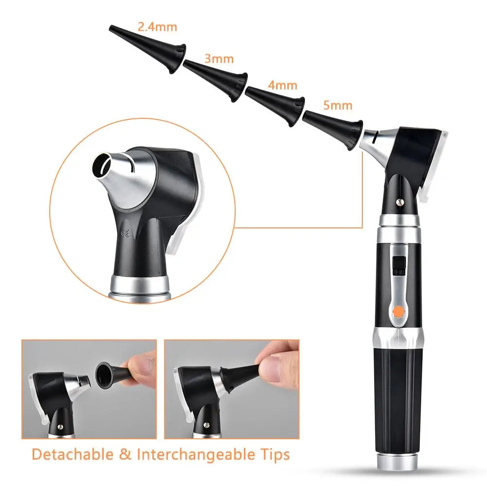 Black and silver otoscope with interchangeable tips on a white background