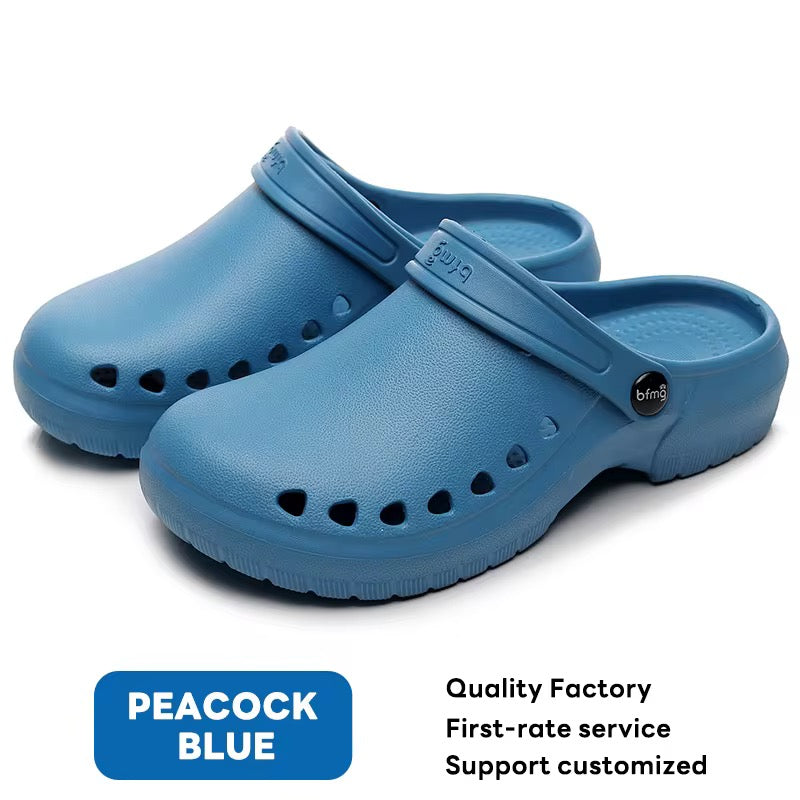 Pair of blue clogs with 'Peacock Blue' label on a white background