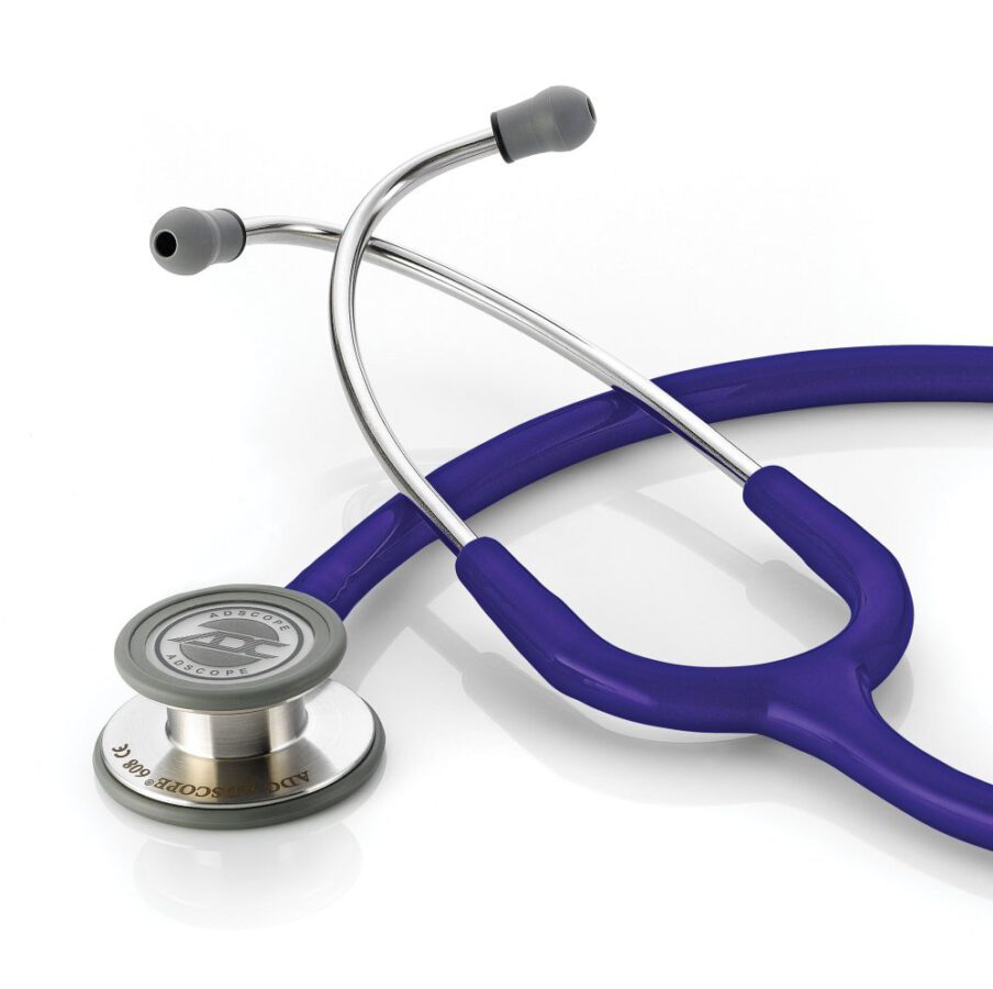 ADC Adscope 608 Convertible Clinician Stethoscope in Indigo with surgical stainless steel chestpiece and Adsoft Plus silicone eartips on a white background