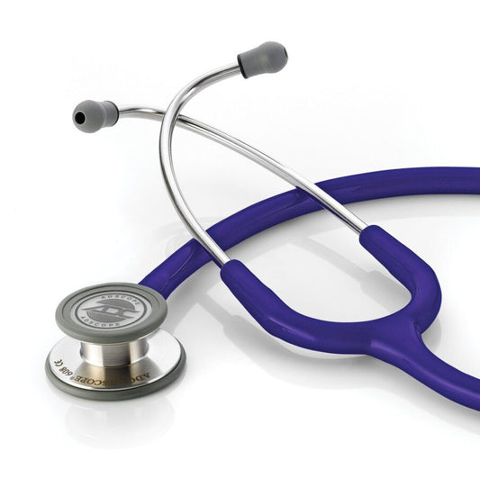 ADC Adscope 608 Convertible Clinician Stethoscope in Indigo with surgical stainless steel chestpiece and Adsoft Plus silicone eartips on a white background