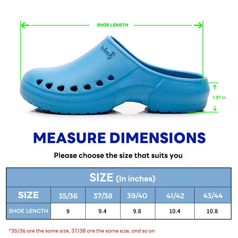 Size chart and dimensions for anti-slip medical clogs showing shoe length measurements in inches for EU sizes 35 to 44