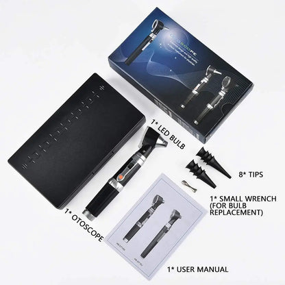 LED diagnostic otoscope set with 8 ear tips, hard case and user manual