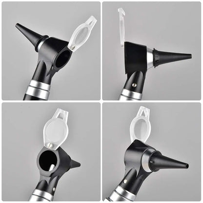 Four views of a black and silver otoscope on a gray background