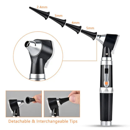 Black and silver otoscope with interchangeable tips on a white background