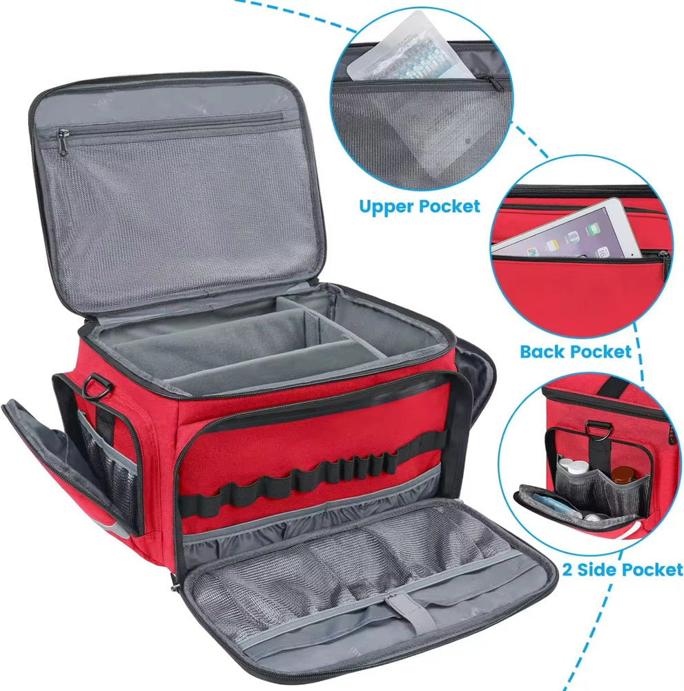 Red medical bag with multiple pockets and compartments for healthcare professionals