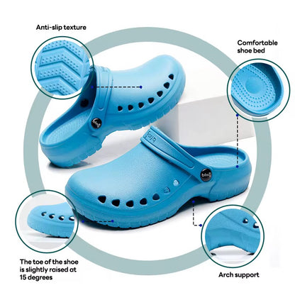 Detailed features of anti-slip medical clogs showing chevron sole tread pattern comfortable shoe bed 15-degree toe raise and arch support