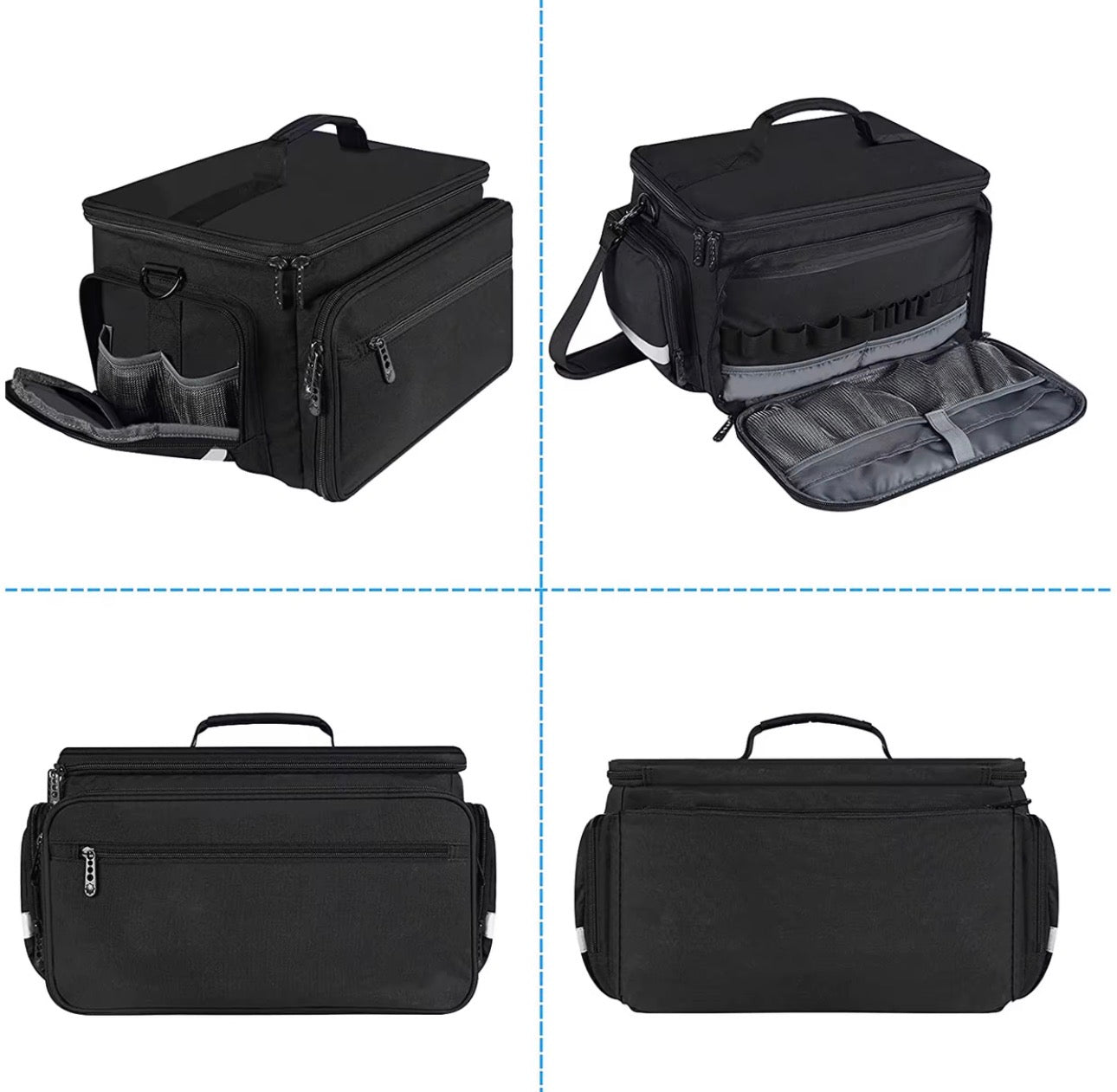 Black medical equipment bag with multiple angles views and open compartments