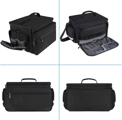 Black medical equipment bag with multiple angles views and open compartments