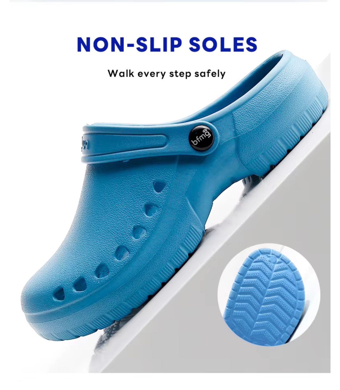 Non-slip sole close-up of blue medical clogs showing deep chevron tread pattern for safe movement on hospital floors