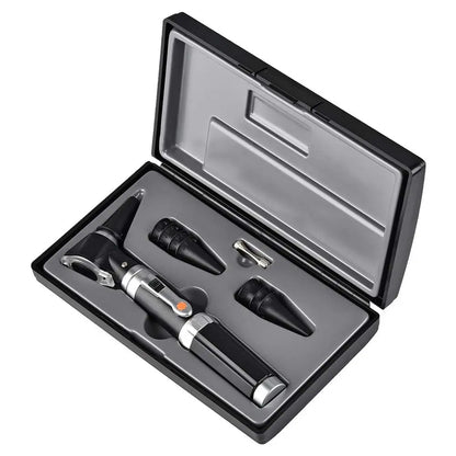 Black and silver otoscope set with eartips in an open black case on a white background