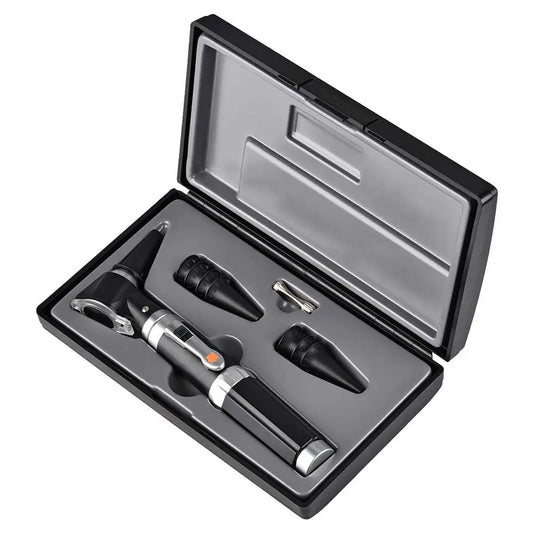 Black and silver otoscope set with eartips in an open black case on a white background