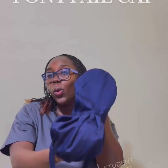 Female doctor demonstrating how to put on the new SMSG ponytail Scrub cap product