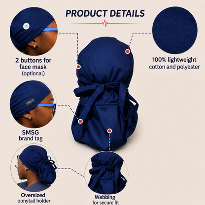 Navy blue SMSG scrub cap with product details on a beige background