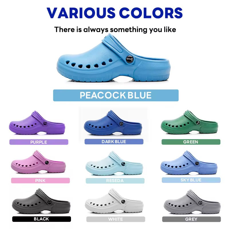 Medical surgical clogs colour options display featuring peacock blue dark blue sky blue green pink reseda purple white black and grey variants